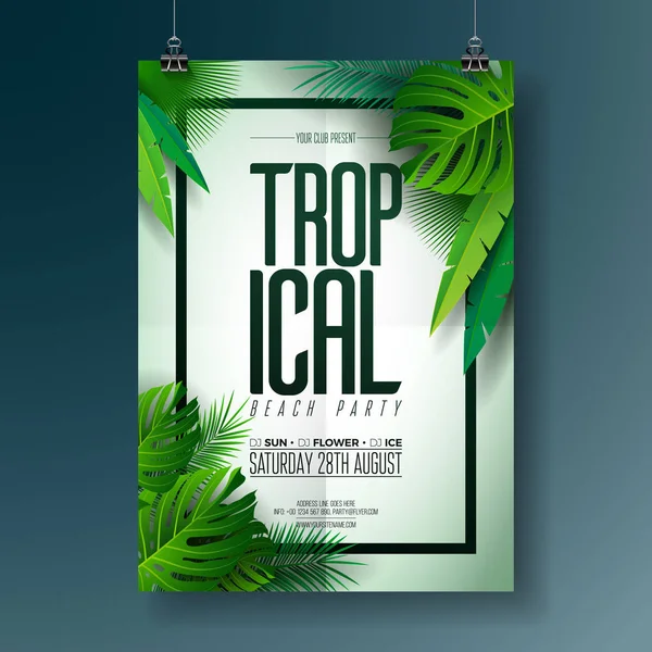 Vektör yaz plaj partisi el ilanı illüstrasyon palm doğa zemin üzerine baskı tasarım ile yaprakları. — Stok Vektör