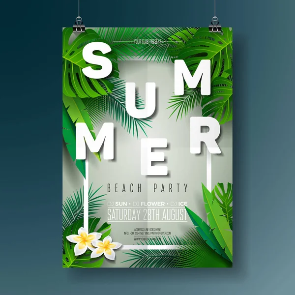 Ilustracja wektorowa Summer Beach Party ulotki z projekt typograficzny na tle przyrody z palm pozostawia. — Wektor stockowy