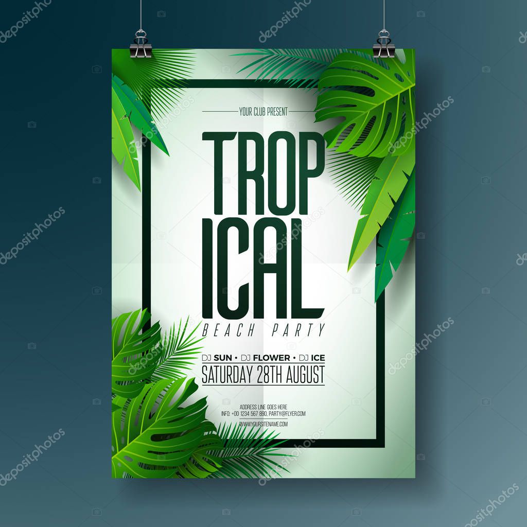 Vector Summer Beach Party Flyer Illustration with typographic design on nature background with palm leaves.