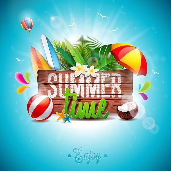 Vector Summer Time Ilustração tipográfica de férias sobre fundo de madeira vintage. Plantas tropicais, flor, bola de praia e protetor solar . — Vetor de Stock
