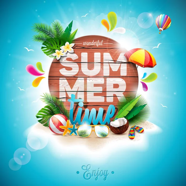 Vektor Sommerzeit Urlaub typografische Illustration auf Vintage-Holz Hintergrund. tropische Pflanzen, Blume, Strandball und Sonnenschirm. — Stockvektor