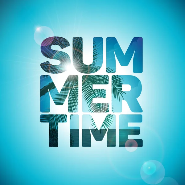 Vector Summer Time ilustração tipográfica de férias no fundo da paisagem oceânica com palmeiras . —  Vetores de Stock