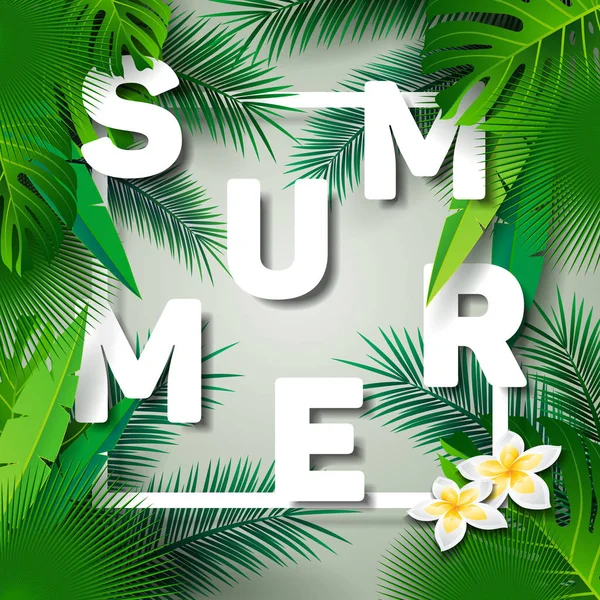 Vector Summer Time Illustrazione tipografica delle vacanze su sfondo di foglie di palma. Piante tropicali e fiori . — Vettoriale Stock