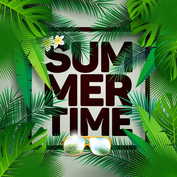 Vector Summer Time Holiday typographic illustration on palm leaves background. Tropical plants and flowers. — Stock Vector