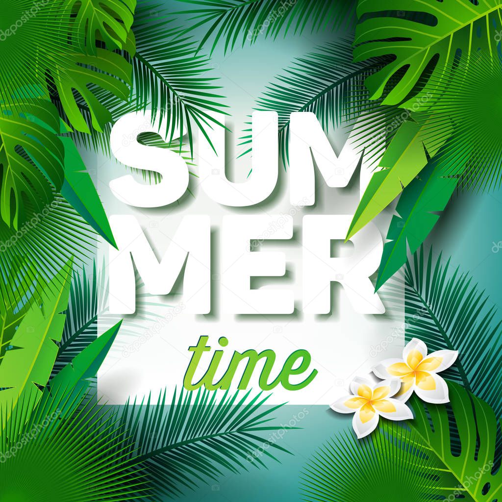 Vector Summer Time Holiday typographic illustration on palm leaves background. Tropical plants and flowers.