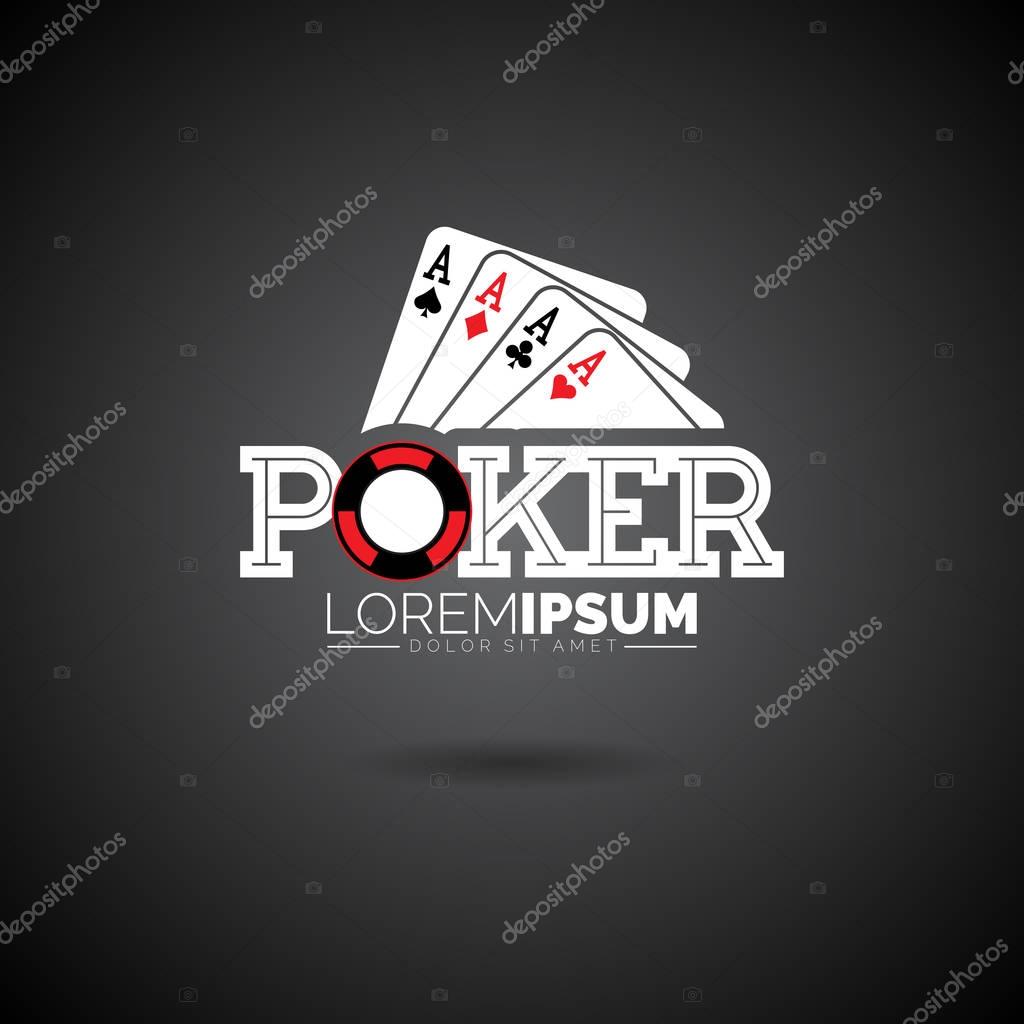 Vector Poker Logo Design Template with gambling elements.Casino illustration with ace set playing cards on dark background