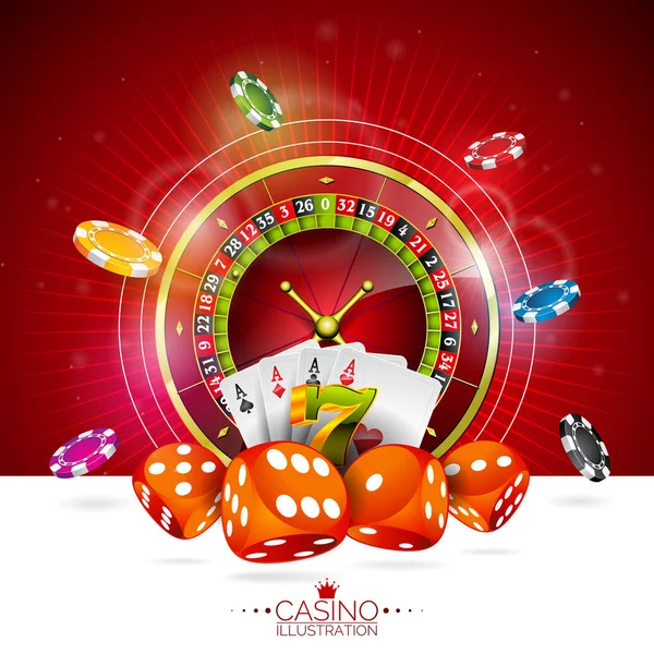Illustration vectorielle sur un thème de casino avec des jetons de jeu de couleur et des cartes de poker sur fond sombre . — Image vectorielle