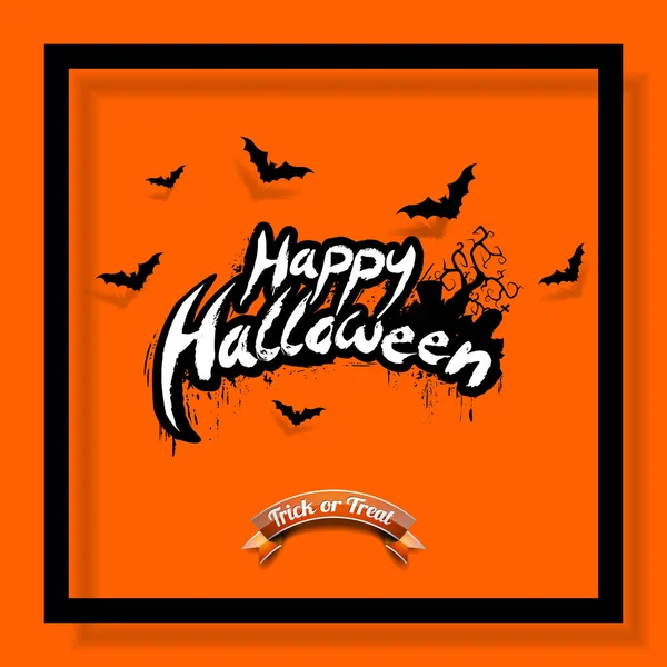Feliz ilustração vetorial de Halloween com morcegos e cemitério em fundo laranja. Design de férias para cartão de saudação, cartaz ou convite do partido . — Vetor de Stock