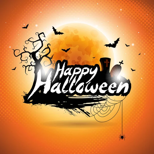 Happy Halloween Vektor Illustration mit Fledermäusen, Friedhof und Mond auf orangefarbenem Hintergrund. Urlaubsdesign für Grußkarte, Plakat oder Party-Einladung. — Stockvektor