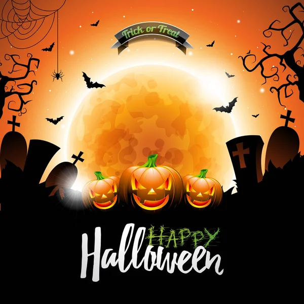 Feliz Halloween vector ilustración con murciélagos, calabazas y luna sobre fondo oscuro cementerio. Diseño de vacaciones para tarjeta de felicitación, póster o invitación de fiesta . — Archivo Imágenes Vectoriales