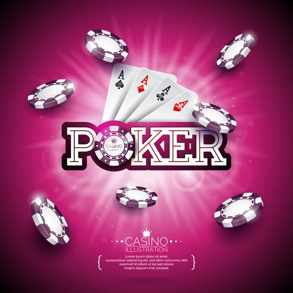 Ilustração vetorial em um tema de cassino com fichas de jogo a cores, cartas de pôquer e legenda de pôquer brilhante em fundo violeta escuro. Elementos de design de jogo . — Vetor de Stock