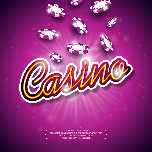 Vektor-Illustration zu einem Casino-Thema mit farbigen Spielchips und glänzenden Bildunterschriften auf dunkelviolettem Hintergrund. Spielgestaltungselemente. — Stockvektor