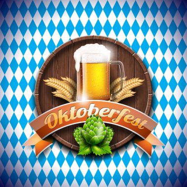 Oktoberfest vektör çizim mavi beyaz zemin üzerine taze lager bira ile. Geleneksel Alman Bira Festivali için kutlama banner.