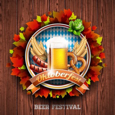 Oktoberfest vektör çizim ahşap doku arka plan üzerinde taze lager bira ile. Geleneksel Alman Bira Festivali için kutlama banner.