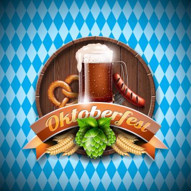 Oktoberfest vektör çizim mavi beyaz zemin üzerine taze koyu bira ile. Geleneksel Alman Bira Festivali için kutlama banner.