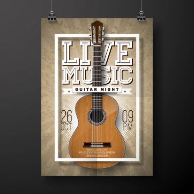 Grunge arka planında akustik gitar olan canlı müzik broşürü tasarımı. Vektör illüstrasyonu.