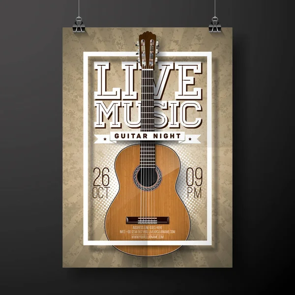 Volantino musicale dal vivo di design con chitarra acustica su sfondo grunge. Illustrazione vettoriale. — Vettoriale Stock