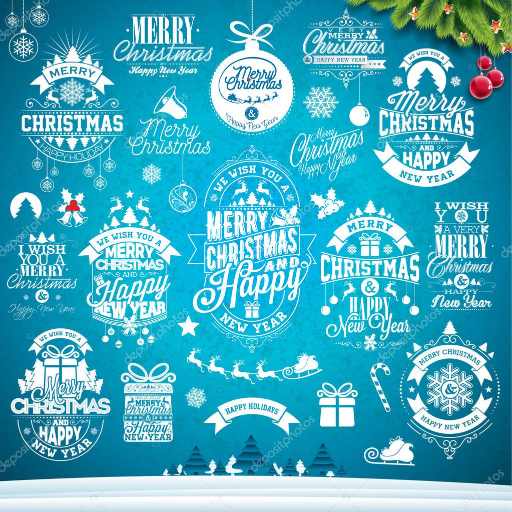 Christmas decoration collection of calligraphic and typographic design with Holiday labels, symbols and icons design elements on blue winter landscape background. Vector illustration set.