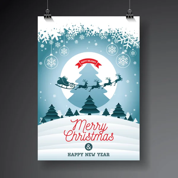 Veselé vánoční ilustrace s typografií a ozdobné dekorace na zimní krajině pozadí. Vektorové vánoční svátky leták nebo plakát design. — Stockový vektor