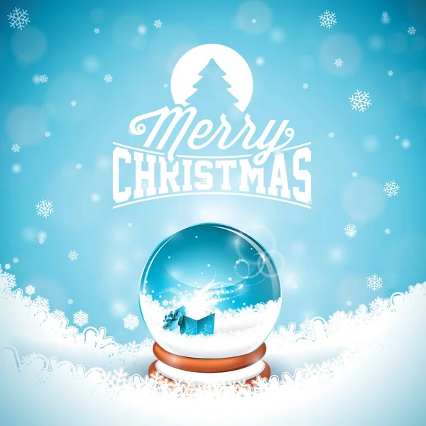 Feliz Navidad ilustración con tipografía y bola de nieve mágica en el fondo del paisaje de invierno. Vector Navidad Navidad tarjeta de felicitación o diseño de póster. — Vector de stock