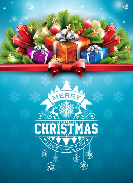 Merry Christmas illustration with typography and ornament decoration on blue snowflake texture background. Vector Christmas holidays flyer or poster design. — Stock Vector