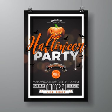 Cadılar Bayramı partisi vektör çizim ile siyah arka plan üzerine pumpkinm. Örümcekler ve yarasalar yeni yıl eğlencesi daveti, tebrik kartı, afiş, poster için tatil tasarımı.