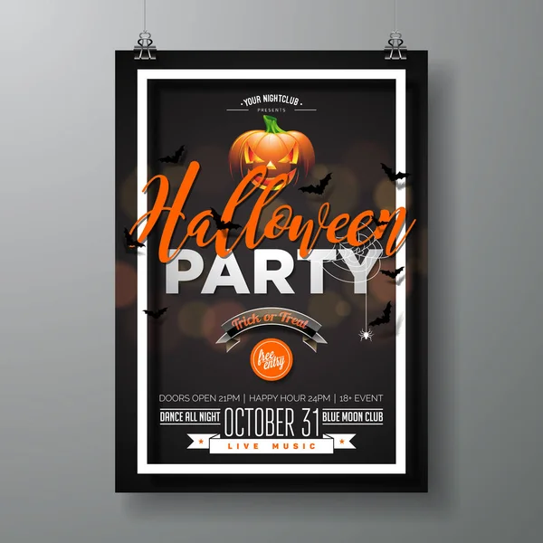 Halloween Party vector illustration with pumpkinm on black background. Holiday design with spiders and bats for party invitation, greeting card, banner, poster. — Stock Vector