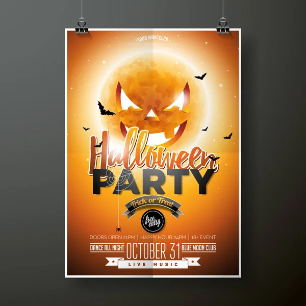 Cadılar Bayramı partisi vektör çizim ayda turuncu arka plan ile. Örümcekler ve yarasalar yeni yıl eğlencesi daveti, tebrik kartı, afiş, poster için tatil tasarımı.