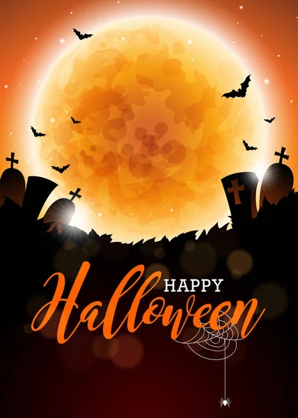 Feliz ilustração vetorial de Halloween com lua e cemitério em fundo escuro. Design de férias com aranhas e morcegos para cartão de saudação, banner, cartaz, convite do partido . —  Vetores de Stock