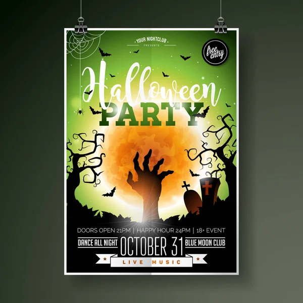 Halloweenfest flyer vektorillustration med zombie handen på gröna måne himmel bakgrund. Holiday design med spindlar och fladdermöss för festinbjudan, gratulationskort, banderoll, affisch. — Stock vektor