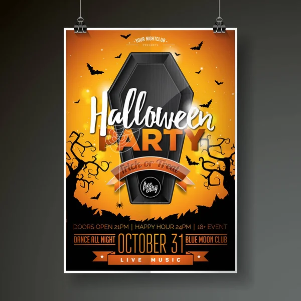 Halloween Party flyer vetor ilustração com caixão preto no fundo do céu laranja. Design de férias com aranhas e morcegos para convite do partido, cartão de saudação, banner, cartaz . — Vetor de Stock