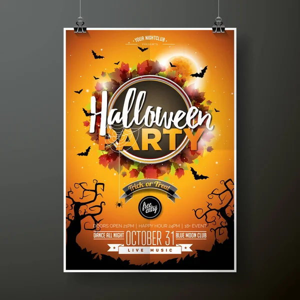 Halloween Party flyer vetor ilustração com lua no fundo do céu laranja. Design de férias com aranhas e morcegos para convite do partido, cartão de saudação, banner, cartaz . — Vetor de Stock