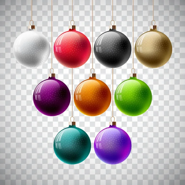 Colorful Vector Christmas Ball Set su uno sfondo trasparente. Decorazioni realistiche isolate. — Vettoriale Stock