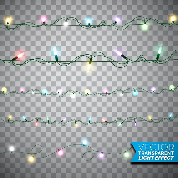 Luci natalizie luminose elementi di design isolati realistici su sfondo trasparente. Decorazioni di ghirlande natalizie per biglietto di auguri natalizio. — Vettoriale Stock