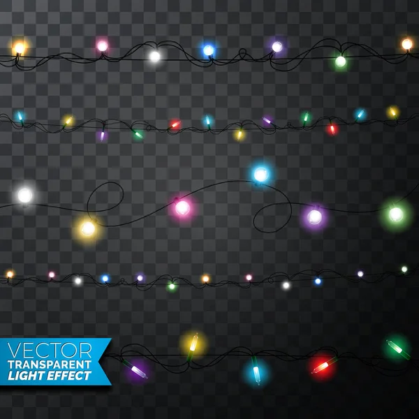 Luzes de Natal brilhantes elementos de design isolados realistas em fundo transparente. Decorações de guirlandas de Natal para cartão de felicitações de férias . — Vetor de Stock