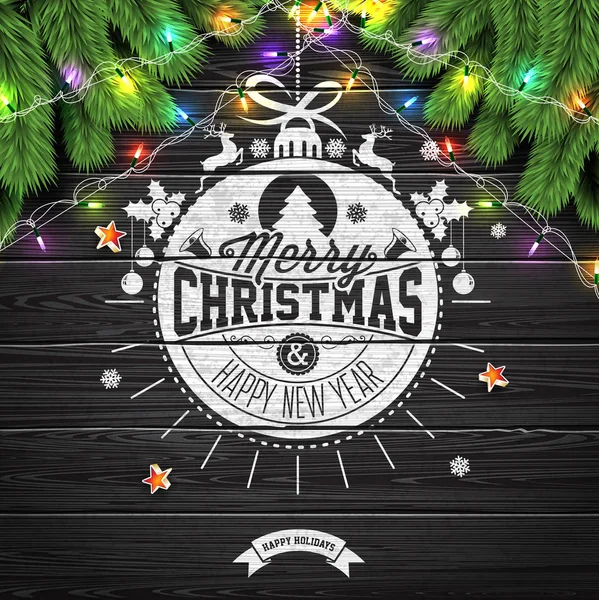 С Новым годом и Рождеством Христовым Иллюстрация на фоне старинного дерева с типографикой и праздничными элементами, векторный дизайн EPS 10. — стоковый вектор