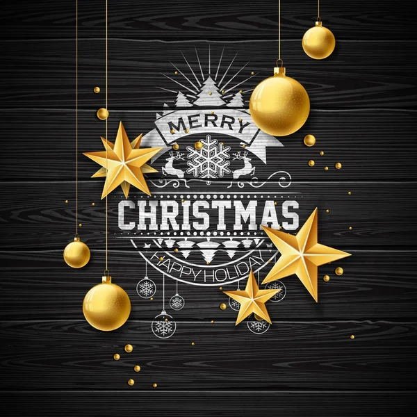 Klasik ahşap arka planda Typography ve Holiday Elements ile Vector Merry Christmas Illustration. Yıldızlar ve süs topu. EPS 10 tasarımı. — Stok Vektör