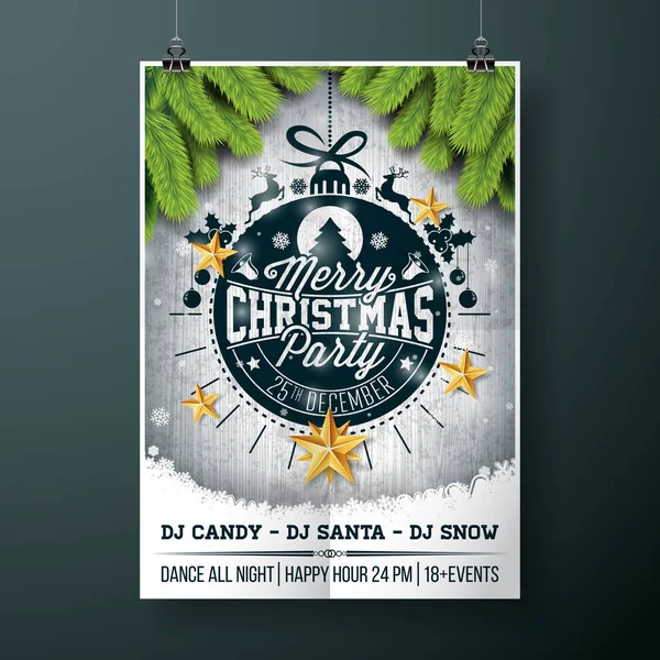 Vector Merry Christmas Party design med holiday typografi element och guldstjärnor på vintage trä bakgrund. — Stock vektor