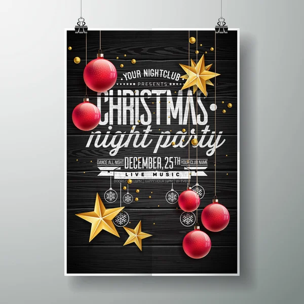 Vector Merry Christmas Party design with holiday typography elements and gold stars on vintage wood background. — Stock Vector
