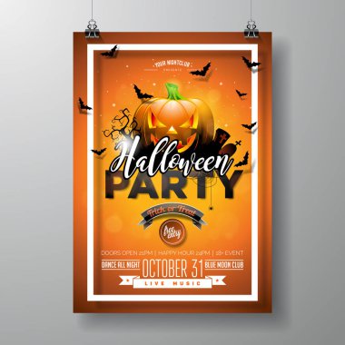 Cadılar Bayramı partisi el ilanı vektör çizim kabak ve mezarlık turuncu gökyüzü arka plan ile. Örümcekler ve yarasalar yeni yıl eğlencesi daveti, tebrik kartı, afiş, poster için tatil tasarımı.