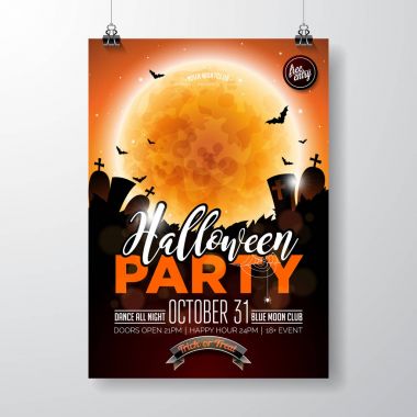 Cadılar Bayramı Partisi ilanı, turuncu gökyüzü arka planında balkabağı ve mezarlık ilanı. Ay 'lı tatil tasarımı, parti davetiyesi için örümcekler ve yarasalar, tebrik kartı, afiş, poster.