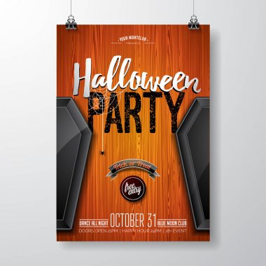 Cadılar Bayramı Partisi broşüründe turuncu ahşap arka planda siyah tabut var. Parti daveti, tebrik kartı, afiş, poster metni için örümceklerle ve kaligrafi metinleriyle tatil tasarımı.