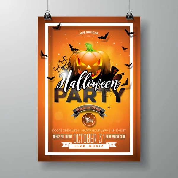 Halloween Party flyer vector illustration with pumpkin and cemetery on orange sky background. Holiday design with spiders and bats for party invitation, greeting card, banner, poster. — Stock Vector