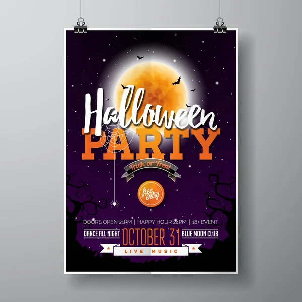 Halloween Party volantino vettoriale illustrazione con zucca e cimitero su sfondo cielo viola. Design natalizio con luna, ragni e pipistrelli per inviti a feste, biglietti di auguri, banner, poster. — Vettoriale Stock