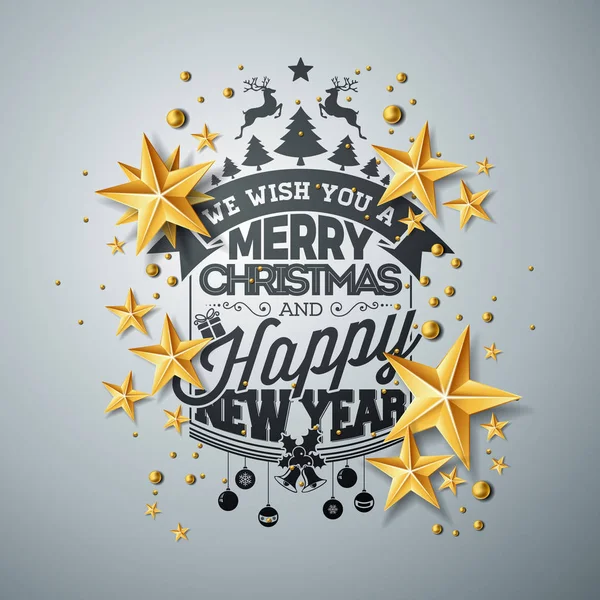 Vetor de Natal e Ano Novo ilustração com tipografia e recorte estrelas de papel sobre fundo limpo. Design de férias para cartão de saudação, cartaz, banner. — Vetor de Stock