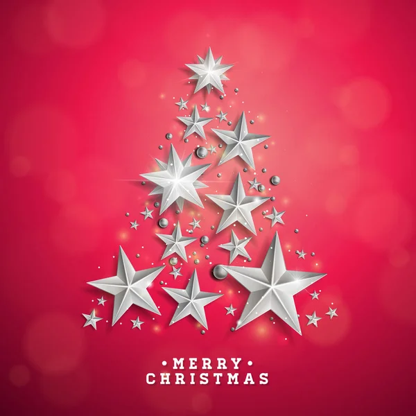 用红色背景的剪下来的纸星星做成的圣诞树来描绘圣诞节和新年。贺卡、海报、横幅假日设计. — 图库矢量图片
