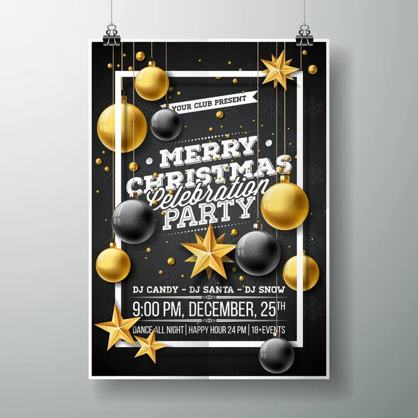 Vector Merry Christmas Party Flyer Illustrazione con tipografia ed elementi natalizi su sfondo nero. Modello di poster di invito. — Vettoriale Stock