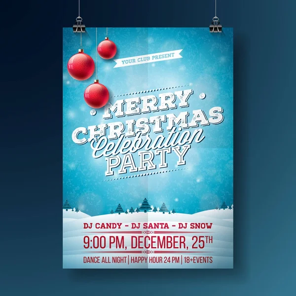 Vector Merry Christmas Party Flyer Illustration with Typography and Holiday Elements on Blue background ( 영어 ) 공식 웹 사이트. 겨울 풍경 초청 포스터 템플릿. — 스톡 벡터