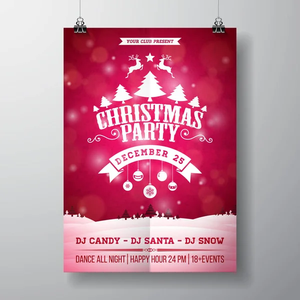 Vector Merry Christmas Party Flyer Illustration mit Typografie und Feiertagselementen auf rotem Hintergrund. Winterlandschaft Einladung Poster Vorlage. — Stockvektor
