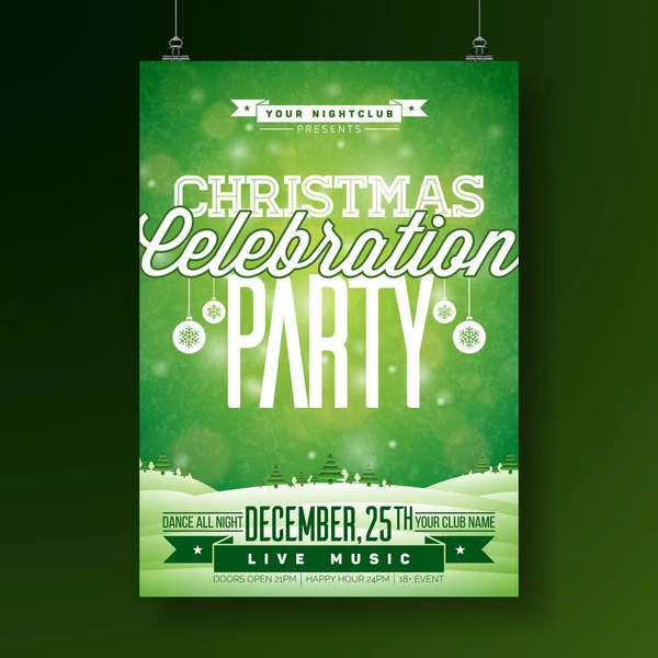 Vector Merry Christmas Party Flyer Illustration with Typography and Holiday Elements on Green background. Winter Landscape Invitation Poster Template. — Stock Vector